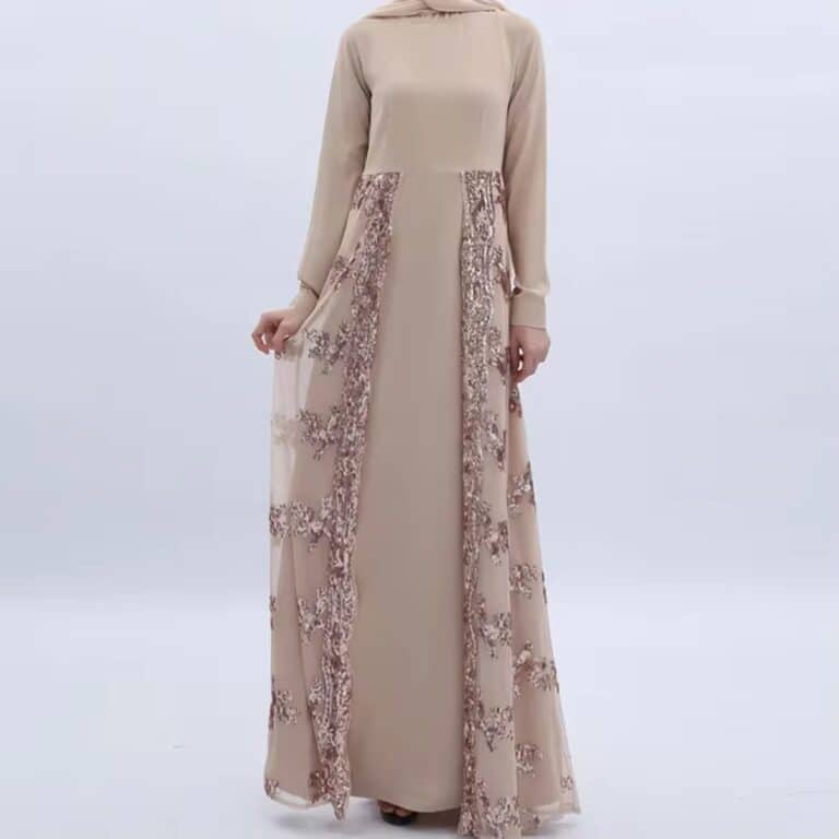 Abaya Beige Brodée à Manches Longues 2
