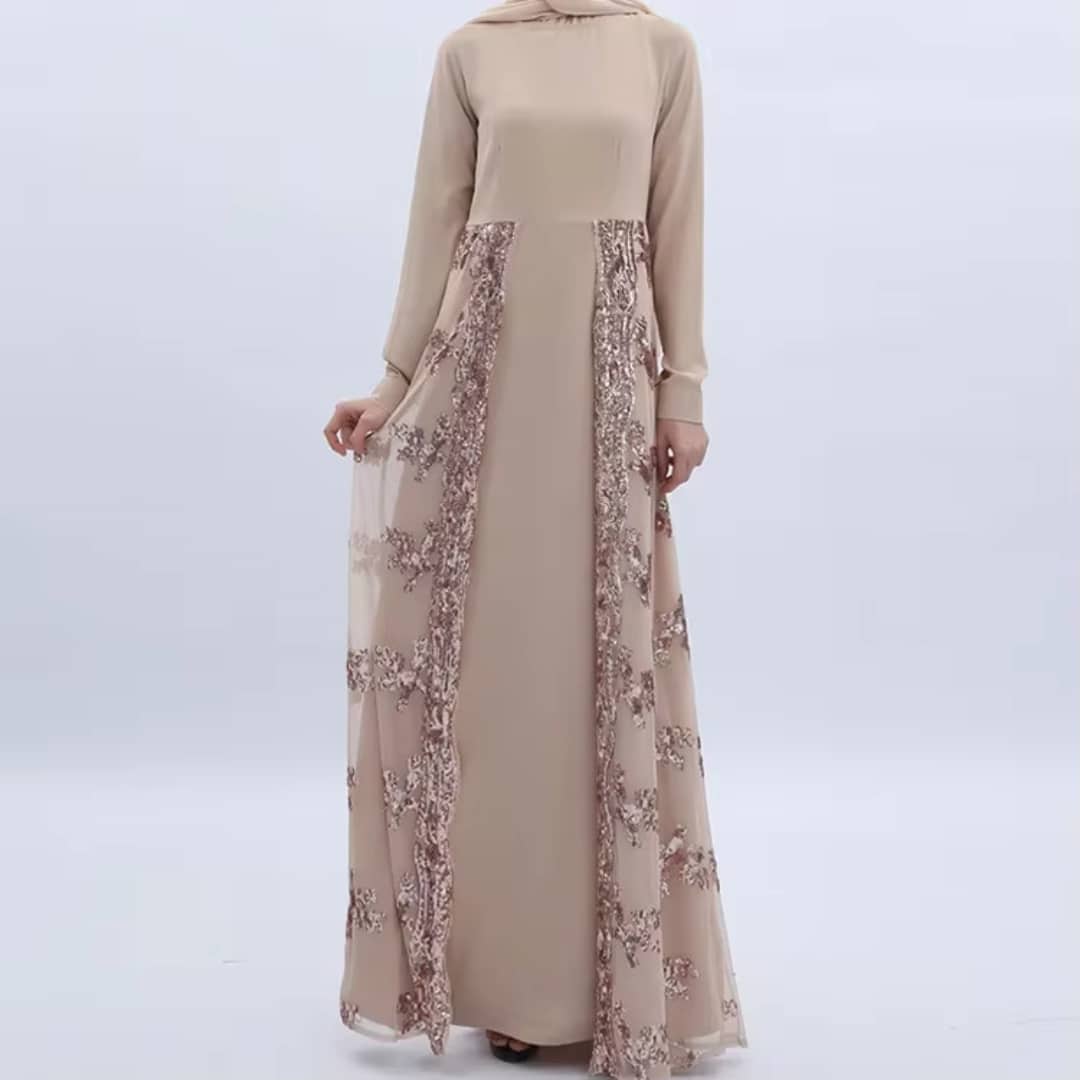 Abaya Beige Brodée à Manches Longues 2