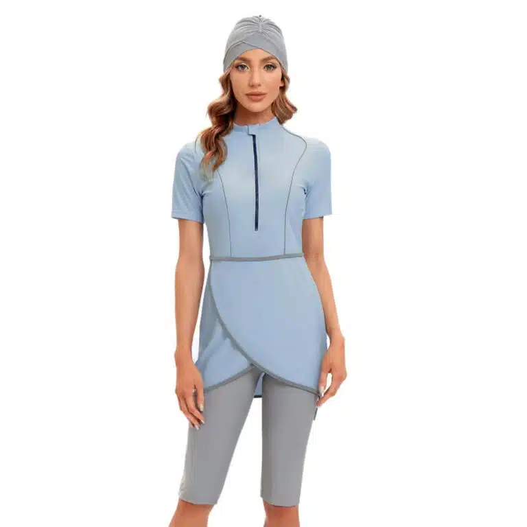 Burkini court femme bleu gris