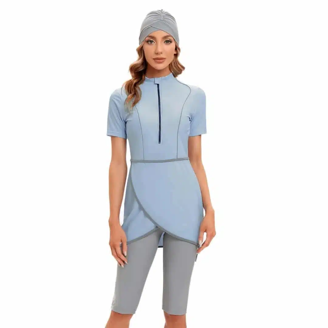 Burkini court femme bleu gris