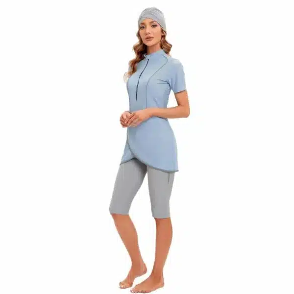 Burkini court femme bleu gris