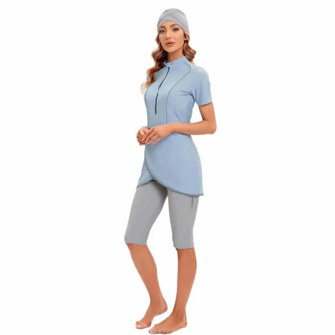 Burkini court femme bleu gris