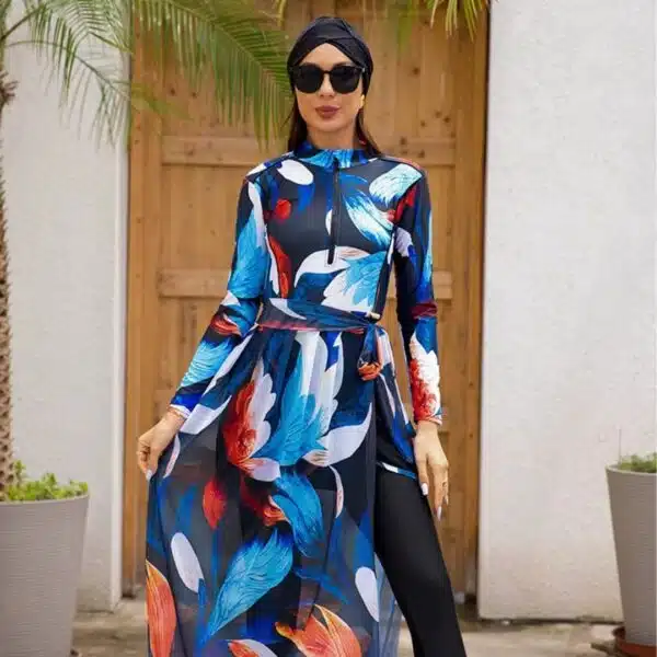 Maillot burkini moderne 3 pièces plumes tropicales