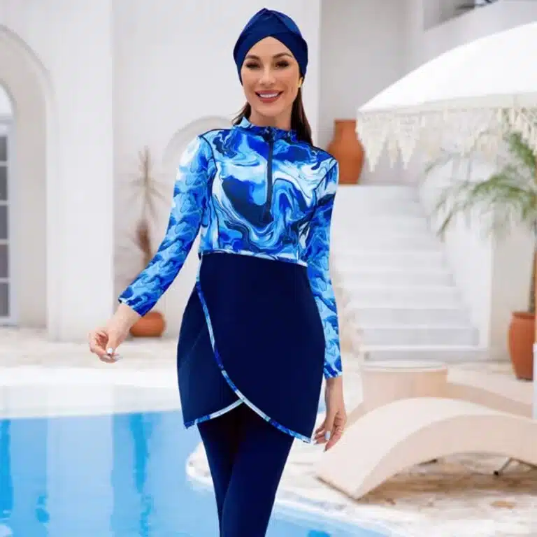 Burkini femme sans voile effet marbré bleu