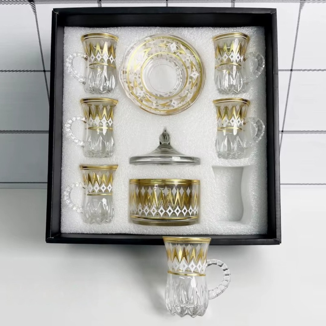 Ensemble Tasses à thé Oriental en Verre Doré 1
