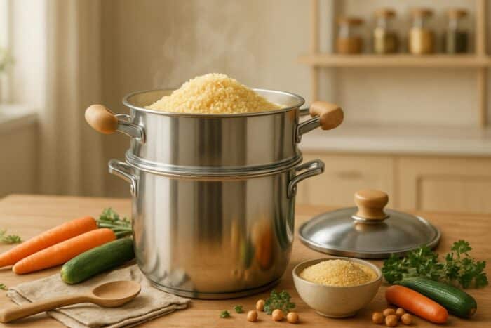 Cuscuzeira em aço inoxidável com sêmola fumegante e legumes
