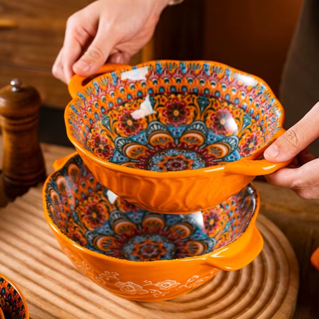 Service Vaisselle Oriental Orange en Céramique – Motifs Mandala Marocains 2