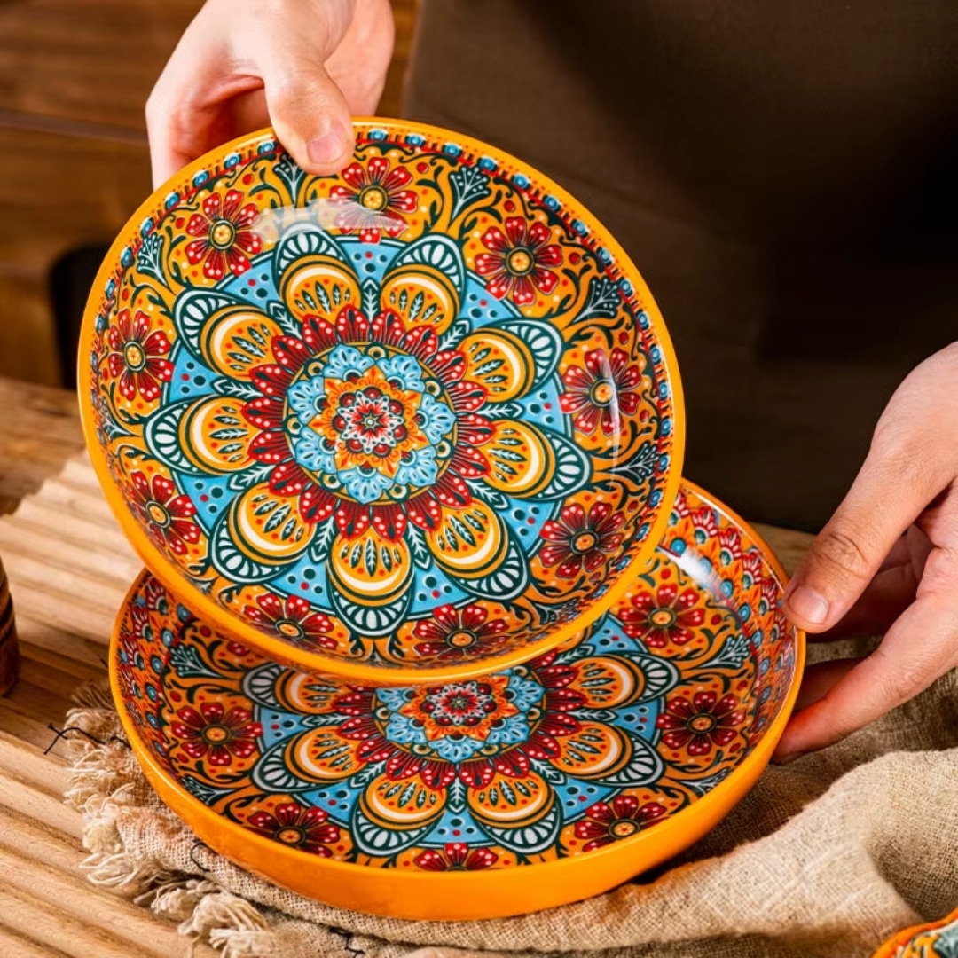 Service Vaisselle Oriental Orange en Céramique – Motifs Mandala Marocains 3