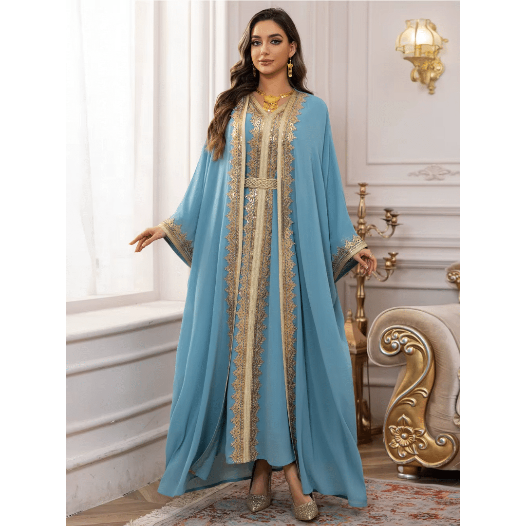 Robe de Soirée Caftan à Broderies Dorées et Manches Longues 2