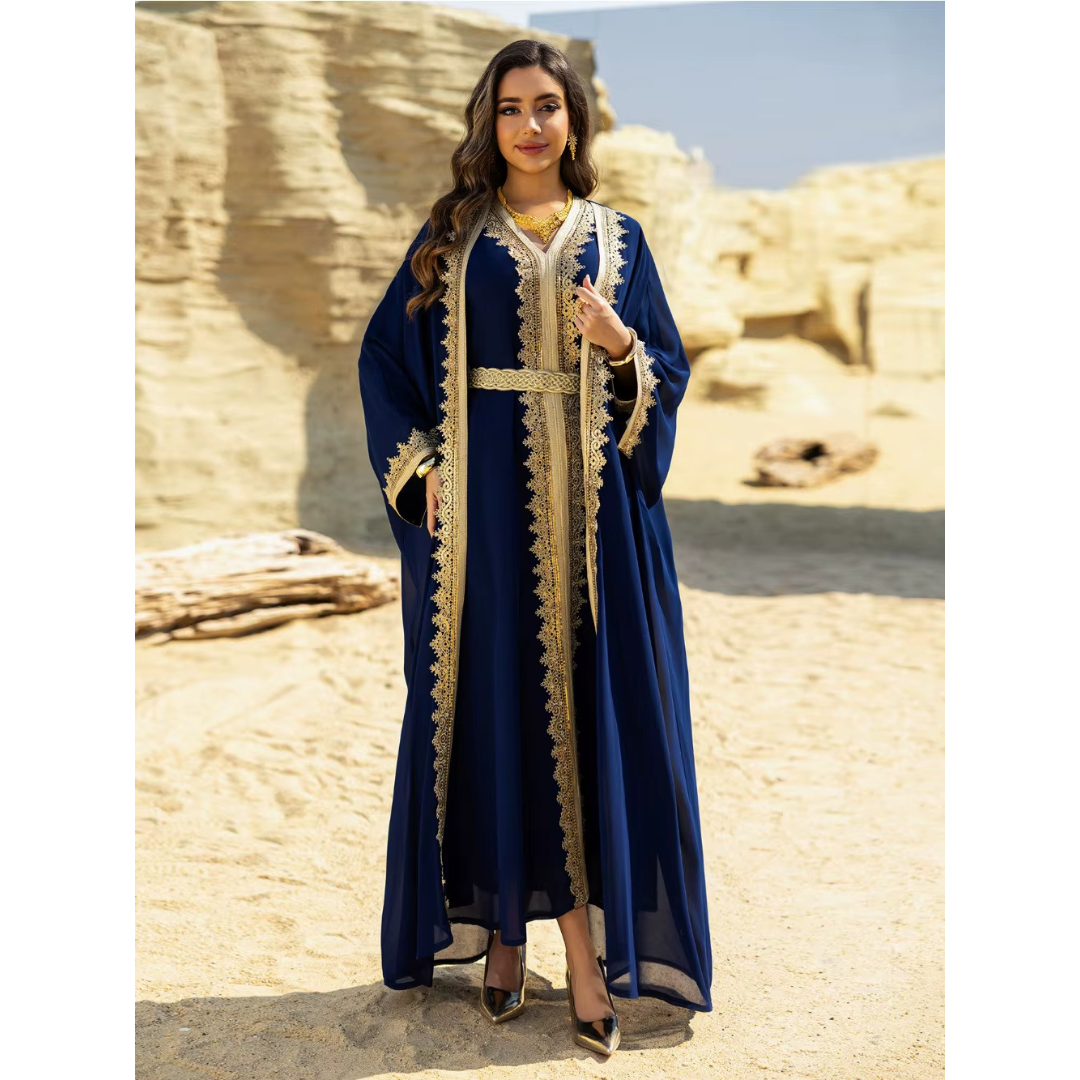 Robe de Soirée Caftan à Broderies Dorées et Manches Longues 5