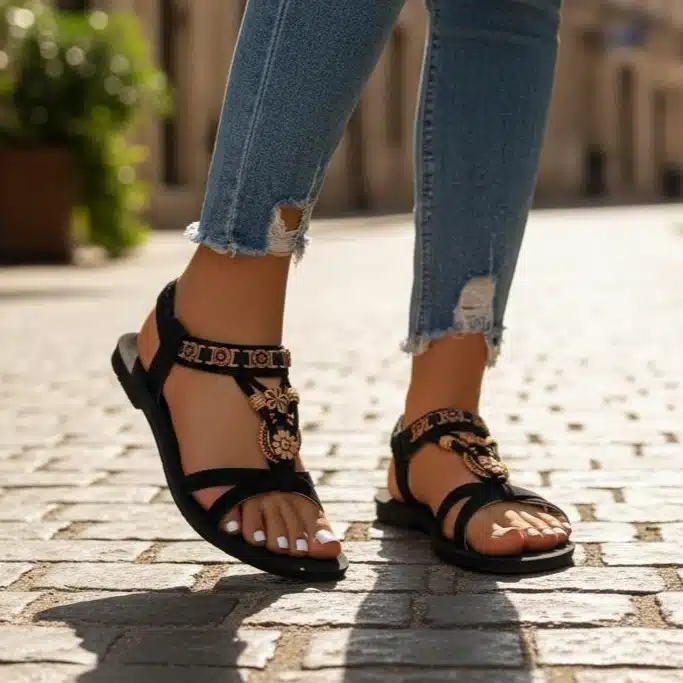 Schwarze flache Sandalen mit goldfarbenen Blumenmotiven im orientalischen Stil für Damen