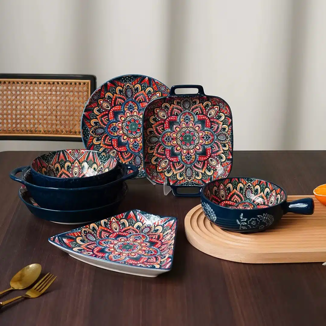 Service vaisselle bohème en céramique bleu floral