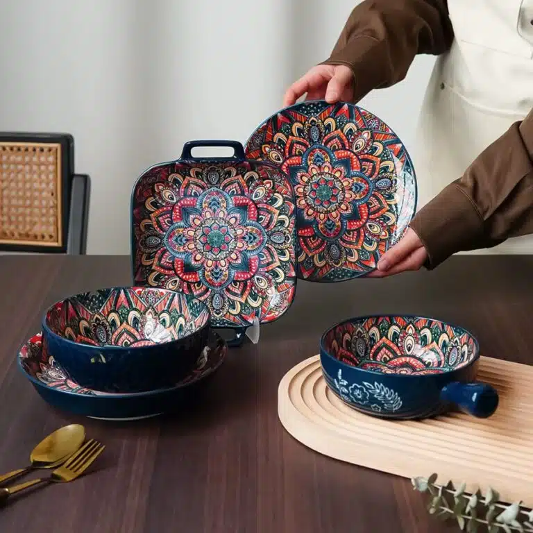 Service vaisselle bohème en céramique bleu floral
