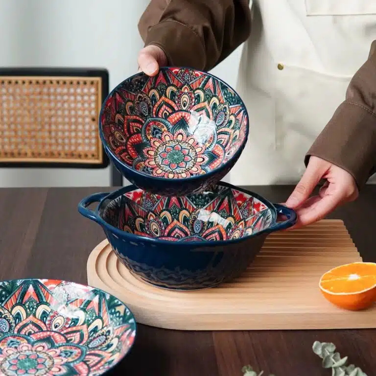 Service vaisselle bohème en céramique bleu floral