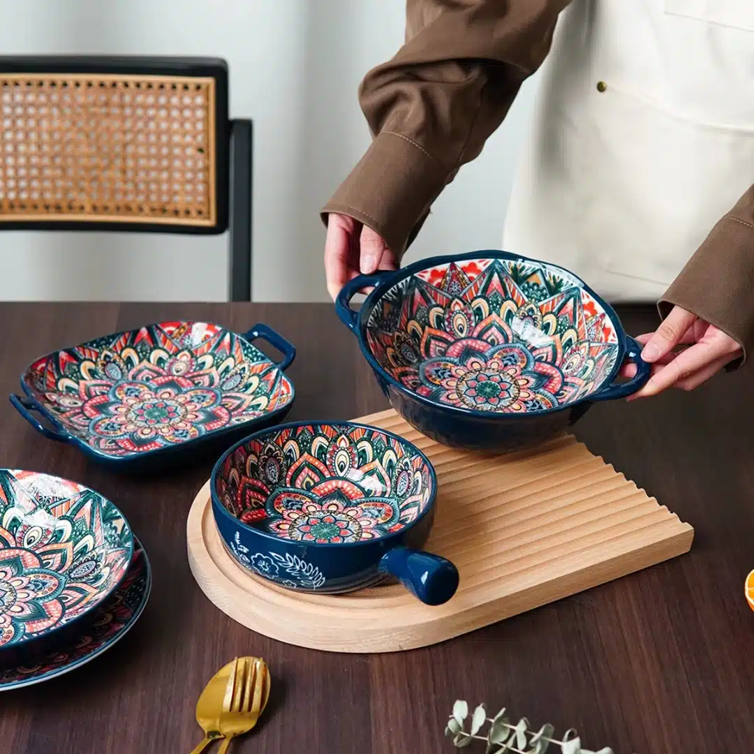 Service vaisselle bohème en céramique bleu floral