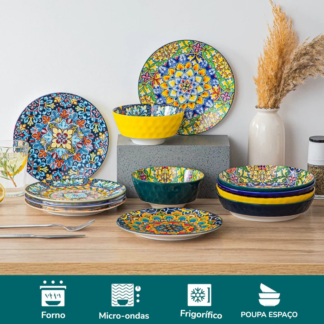 Serviço de louça em cerâmica com motivos orientais multicolores