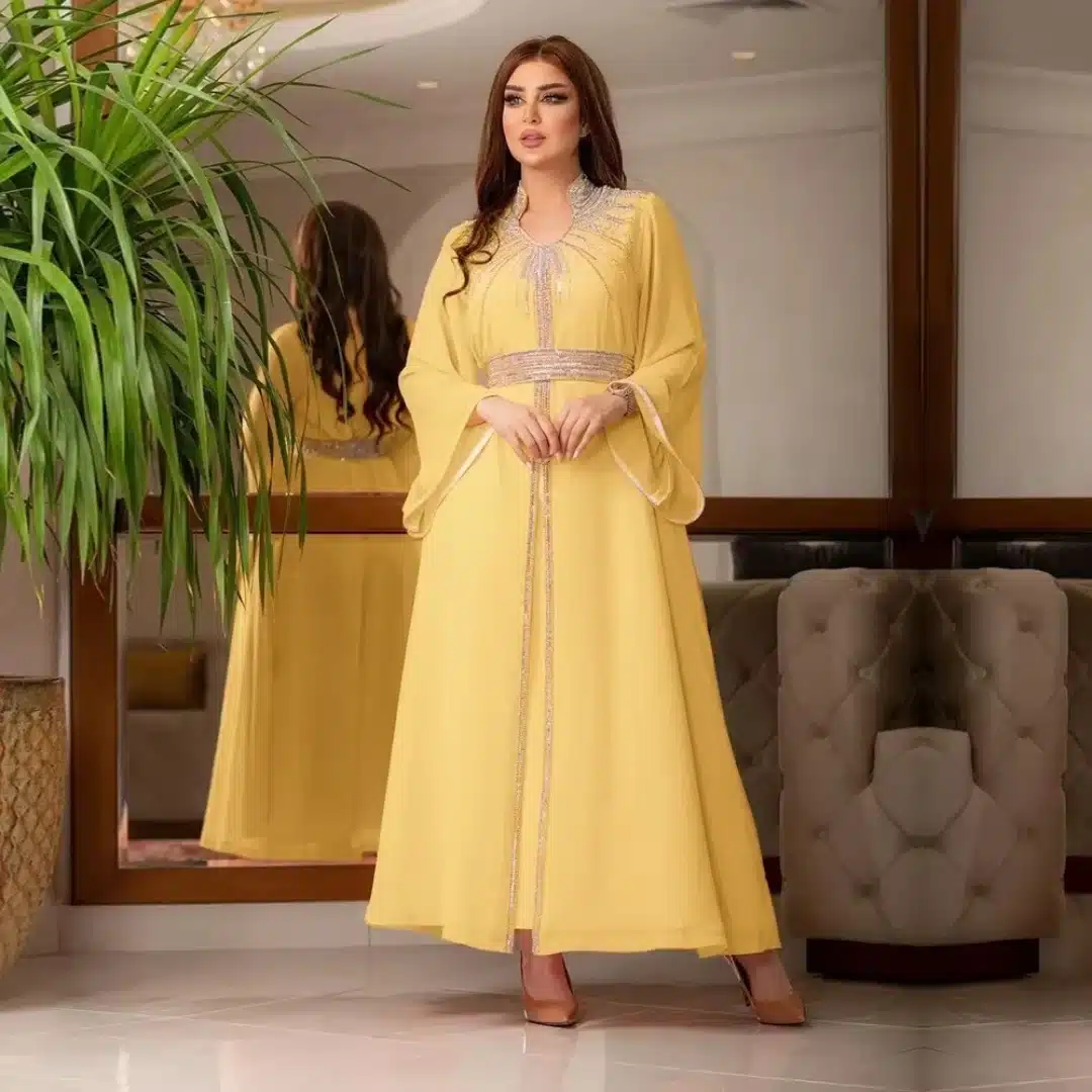 Caftan femme en chiffon à strass, col v et manches larges
