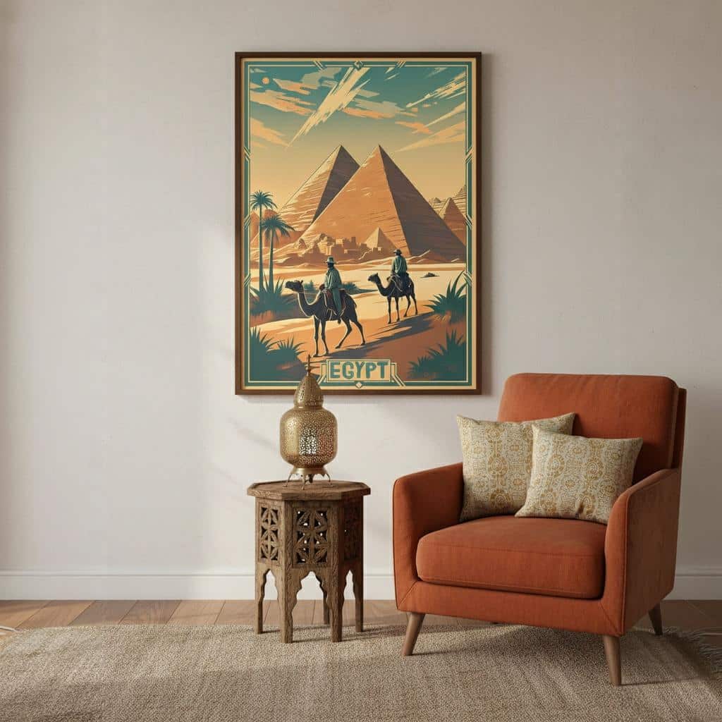 Affiche Egypte ancienne pyramides de Gizeh et chameaux, style rétro