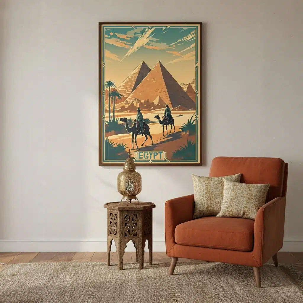 Affiche Egypte ancienne pyramides de Gizeh et chameaux, style rétro