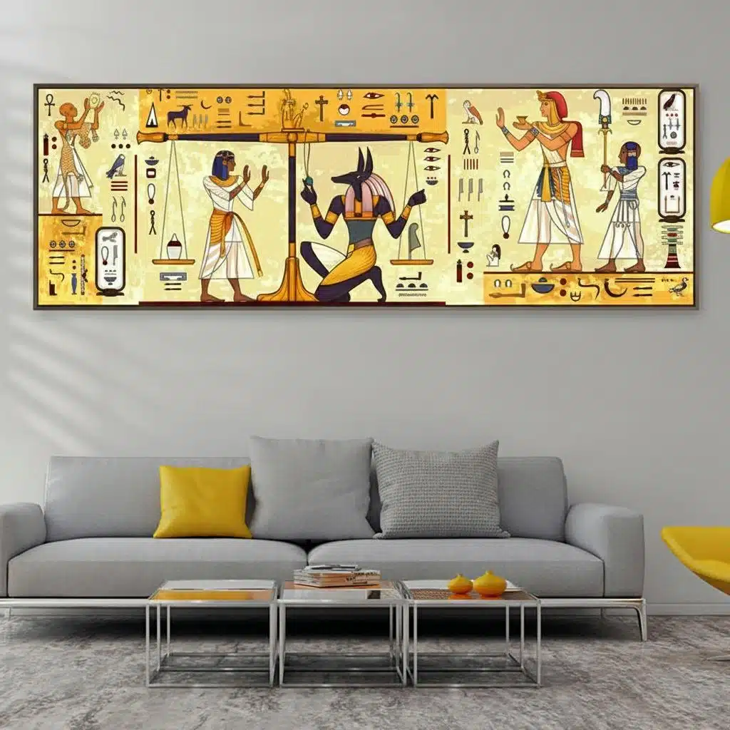 Art mural pharaonique avec scène Anubis et pharaons