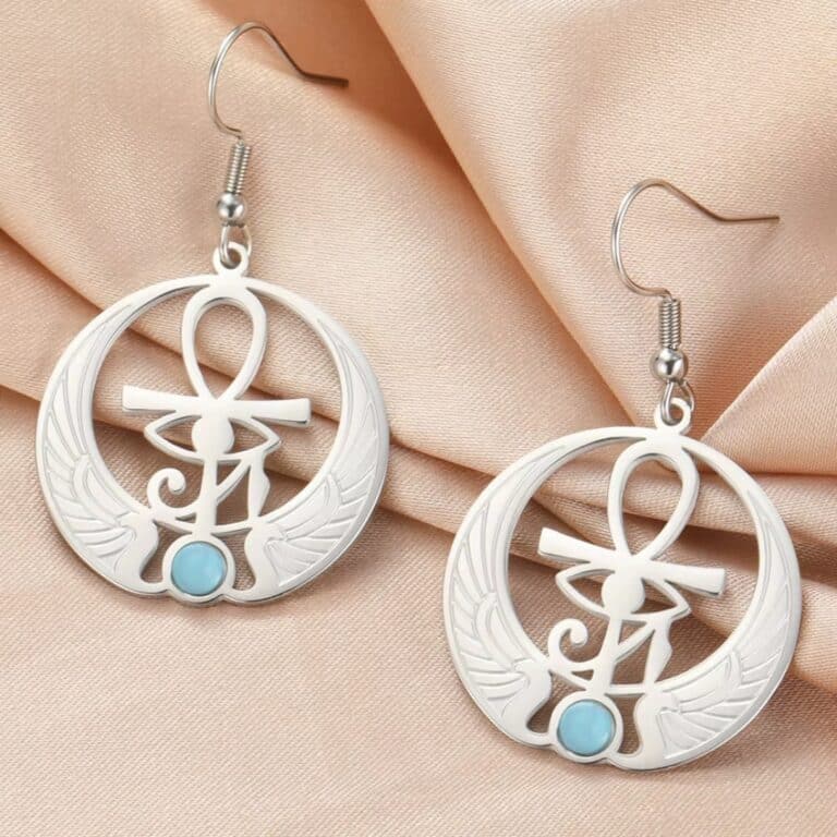 Boucles D'oreilles Égypte avec Symbole Ankh et Pierre Turquoise 1