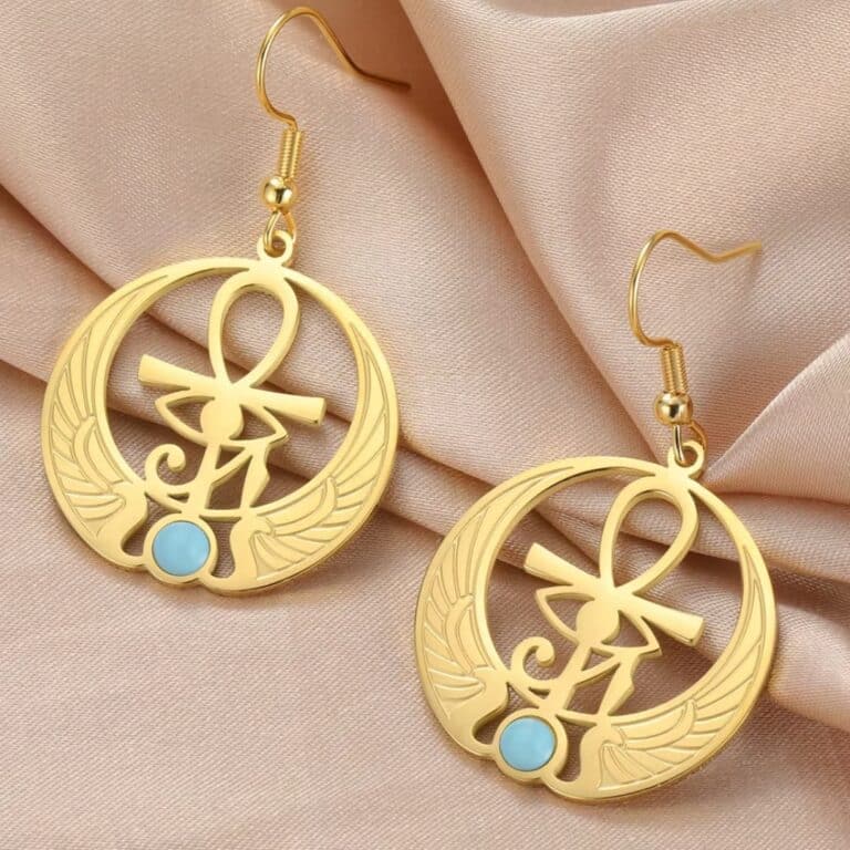 Boucles D'oreilles Égypte avec Symbole Ankh et Pierre Turquoise 2