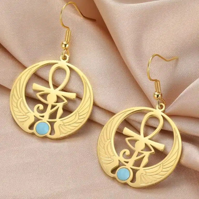 Egyptian earrings with Ankh symbol and turquoise stone
