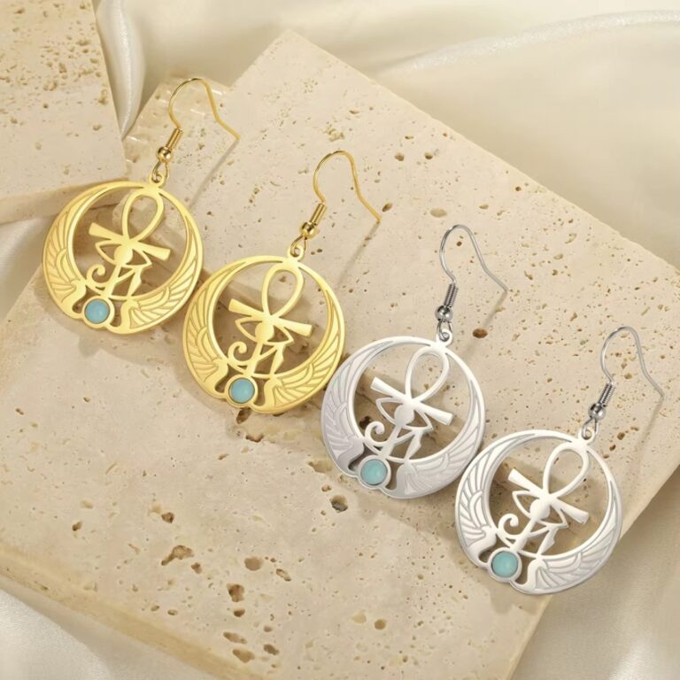 Boucles D'oreilles Égypte avec Symbole Ankh et Pierre Turquoise 3