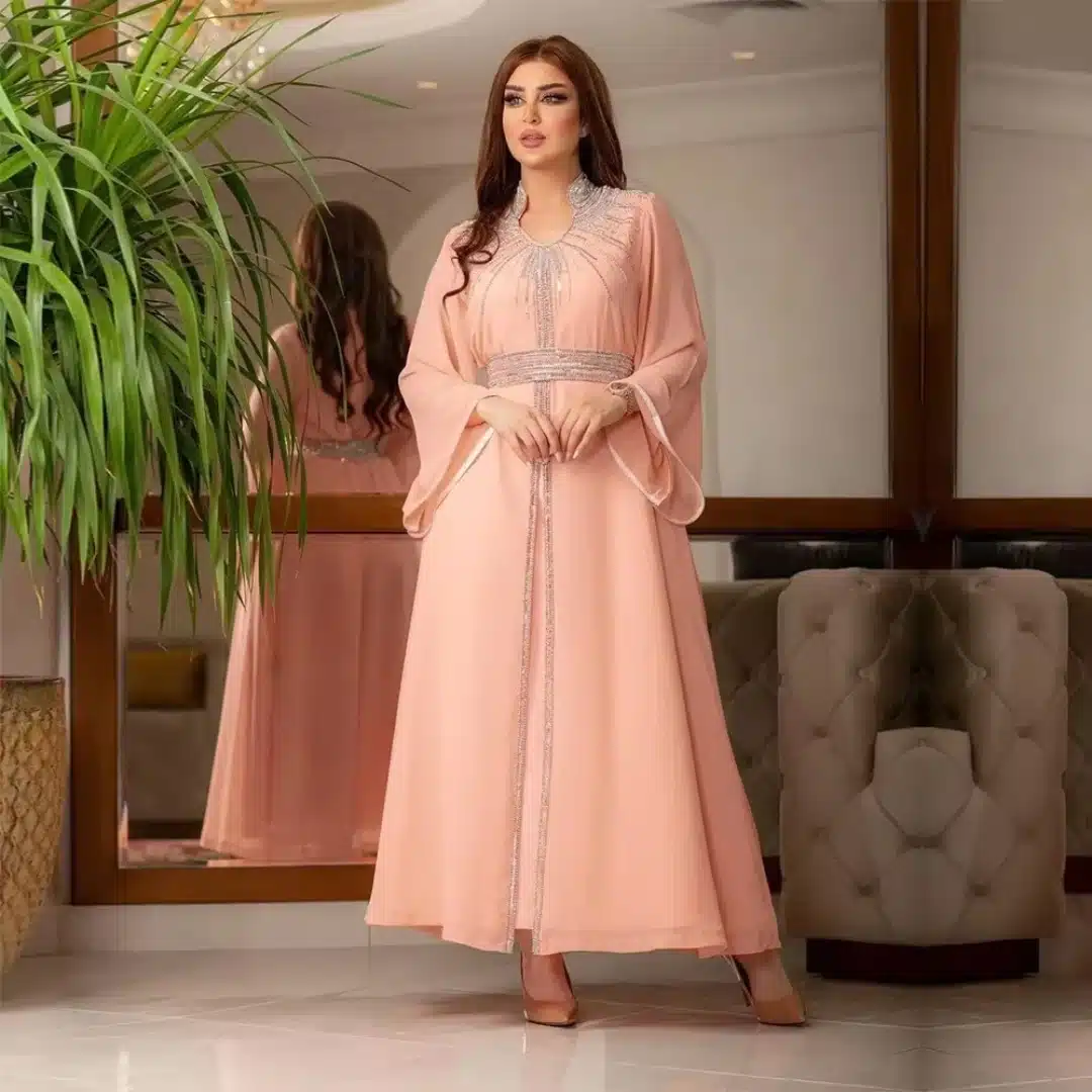 Caftan femme en chiffon à strass, col v et manches larges