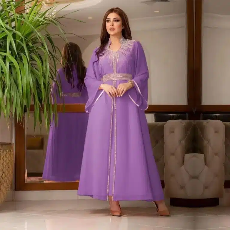 Caftan femme en chiffon à strass, col v et manches larges