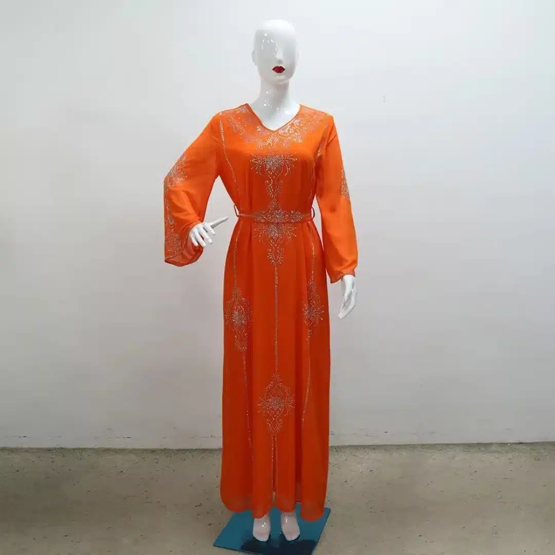 Caftan femme en chiffon à strass, col v et manches larges