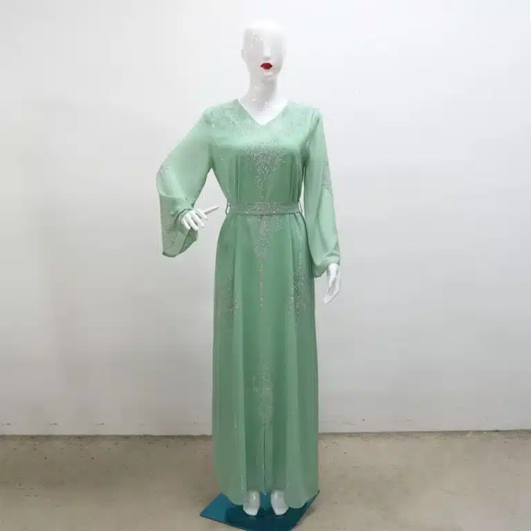 Caftan femme en chiffon à strass, col v et manches larges