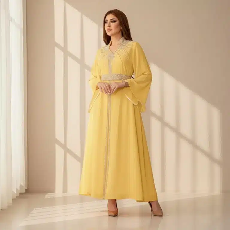 Caftan femme en chiffon à strass, col v et manches larges
