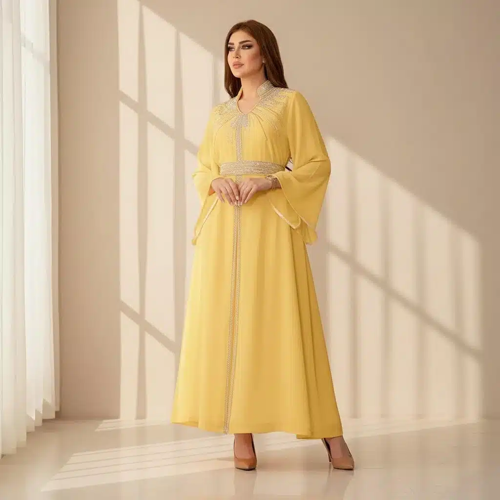 Caftan femme en chiffon à strass, col V et manches larges