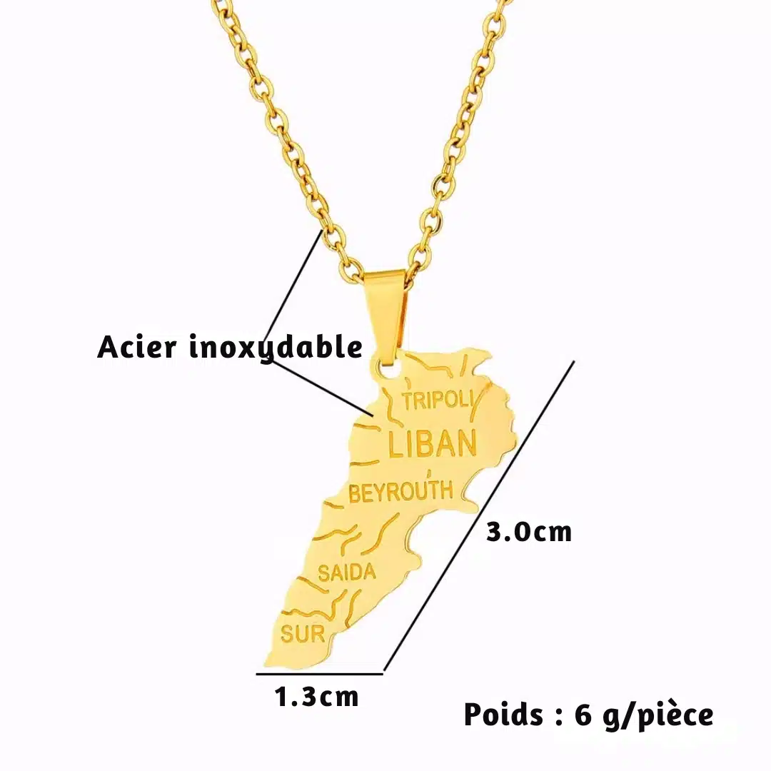Collier carte du Liban en acier inoxydable