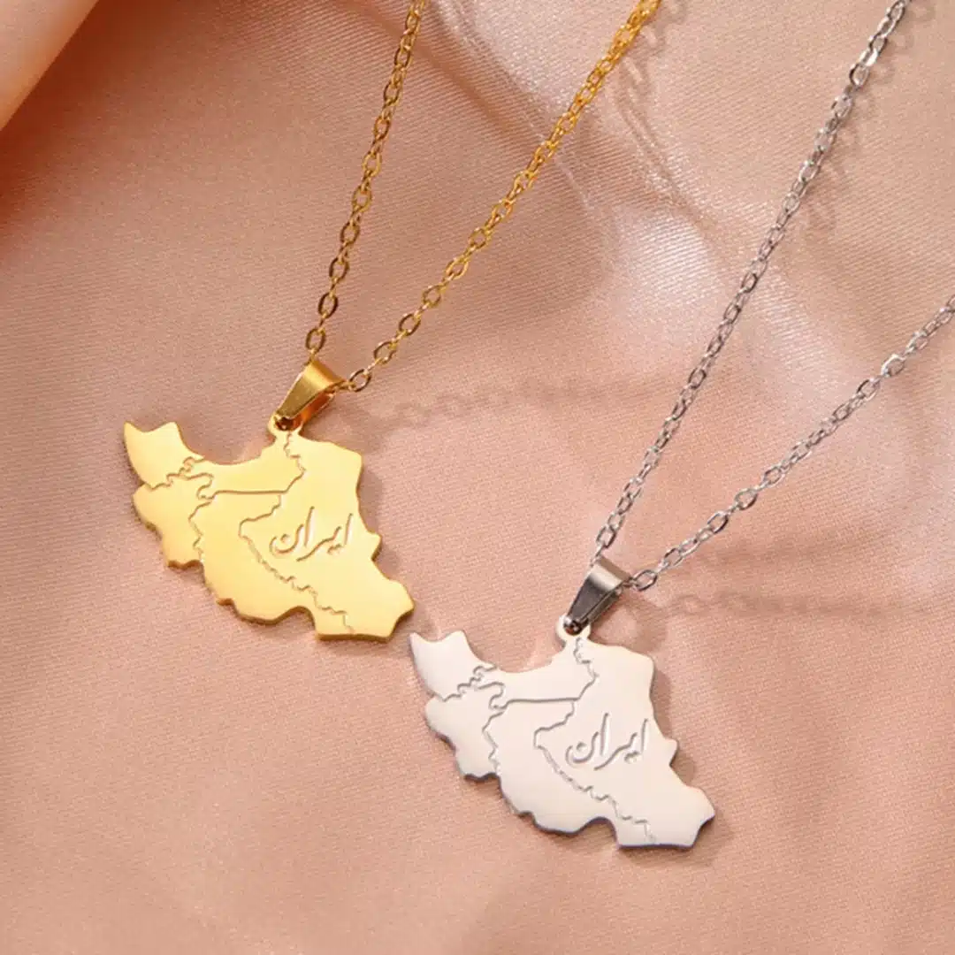 Collier pendentif carte iran plaqué or en acier inoxydable