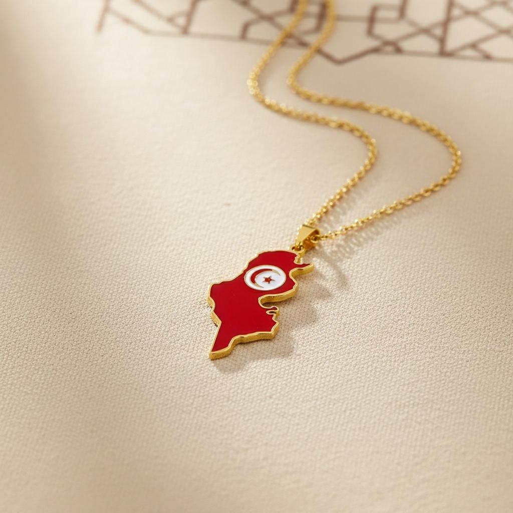 Collier Tunisie carte du pays émaillée rouge