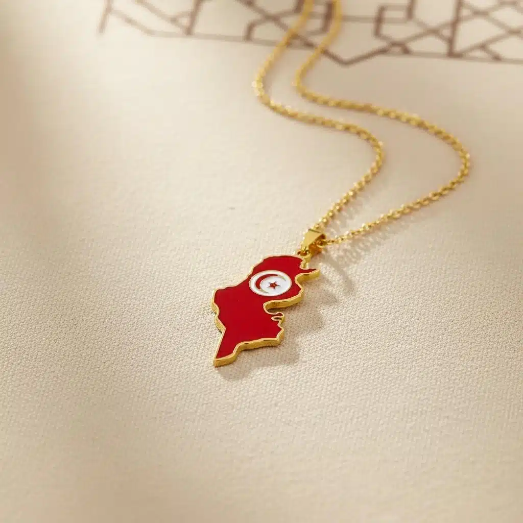 Collier Tunisie carte du pays émaillée rouge