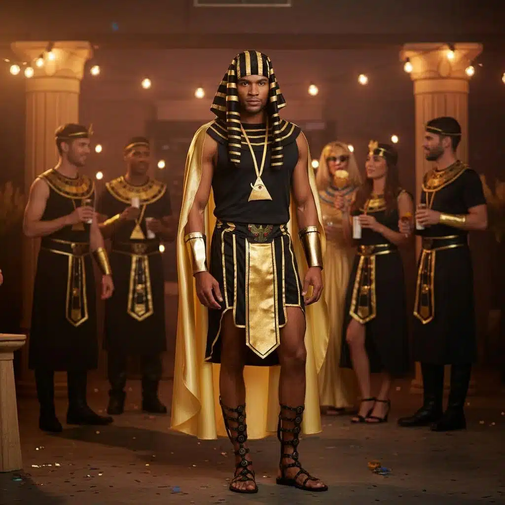 Déguisement Pharaon égyptien noir et or avec coiffe et cape