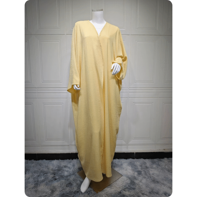 Kimono Abaya Femme Jaune à Manches Larges Texture Gaufrée 3