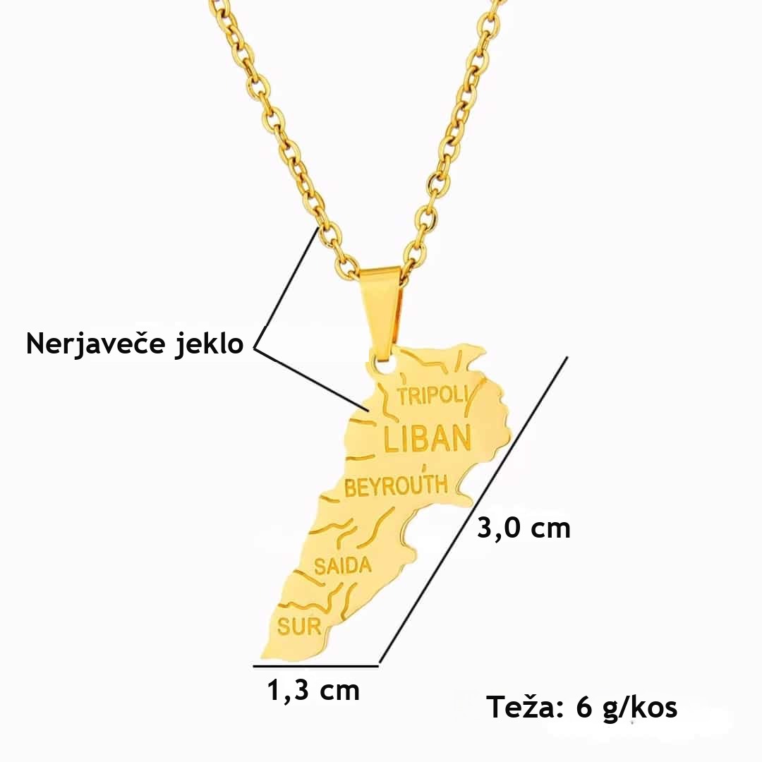 Ogrlica z zemljevidom Libanona iz nerjavnega jekla