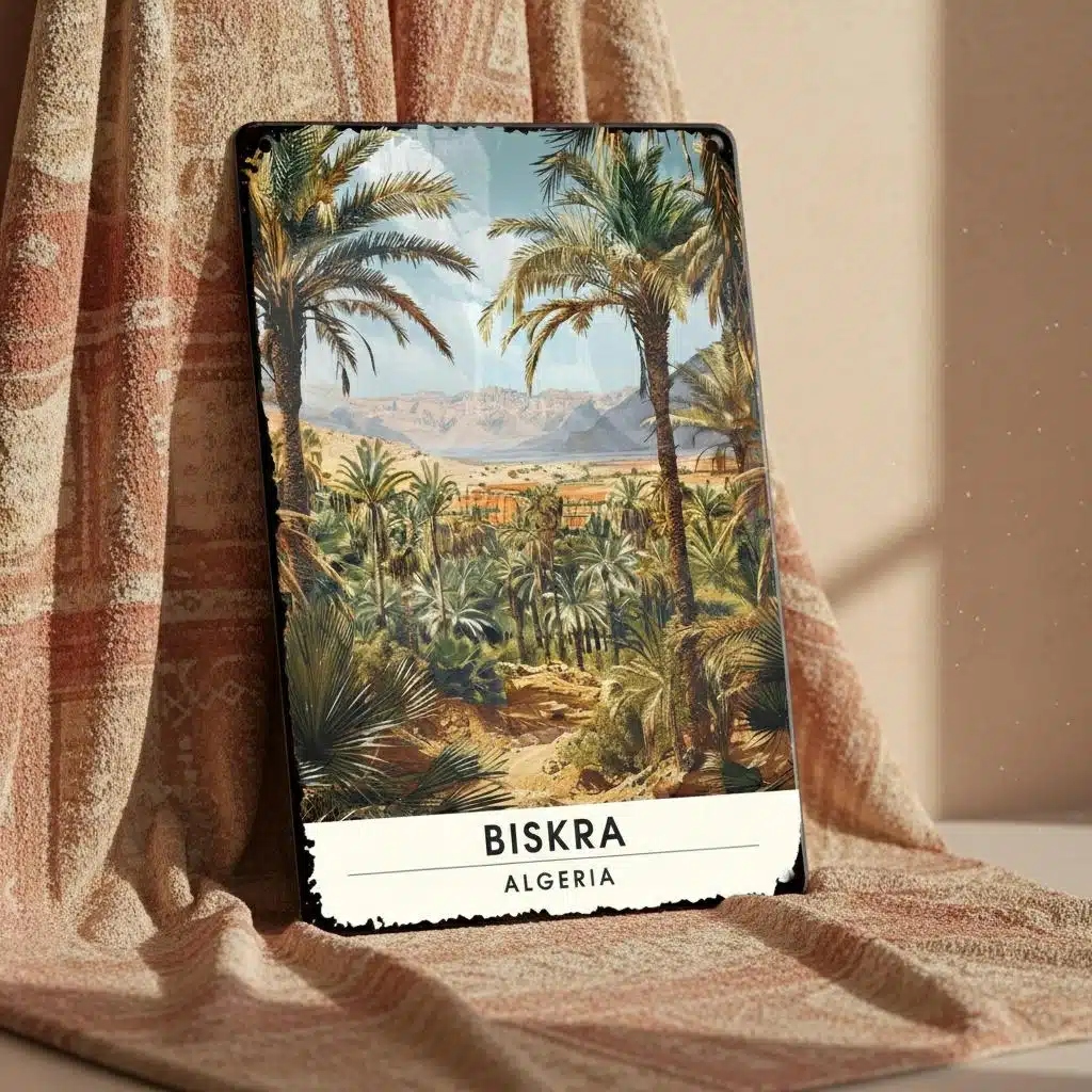 Panneau en métal biskra Algérie avec paysage de palmiers