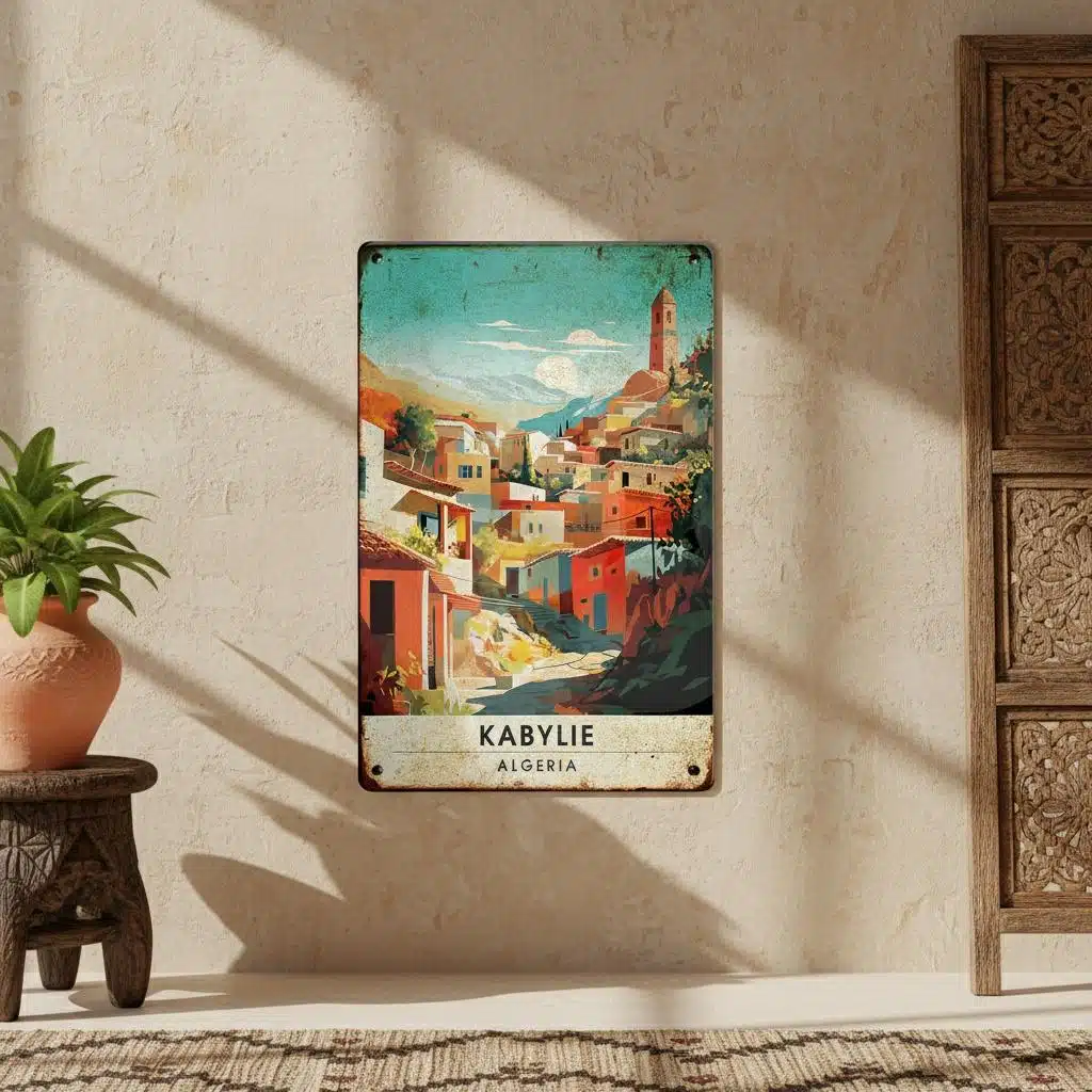 Plaque métallique illustrée village kabyle