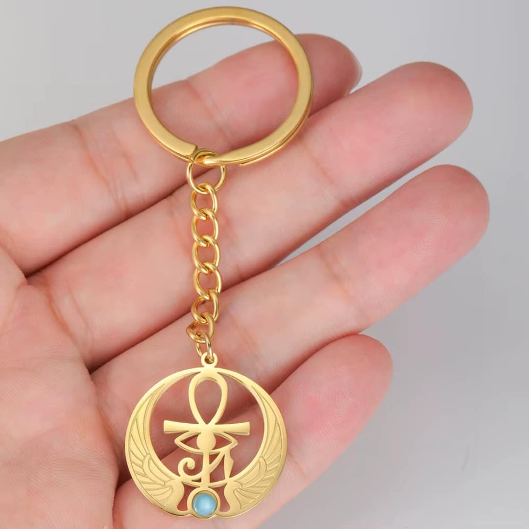 Porte-clés Ankh Doré avec Aile et Pierre Turquoise 3
