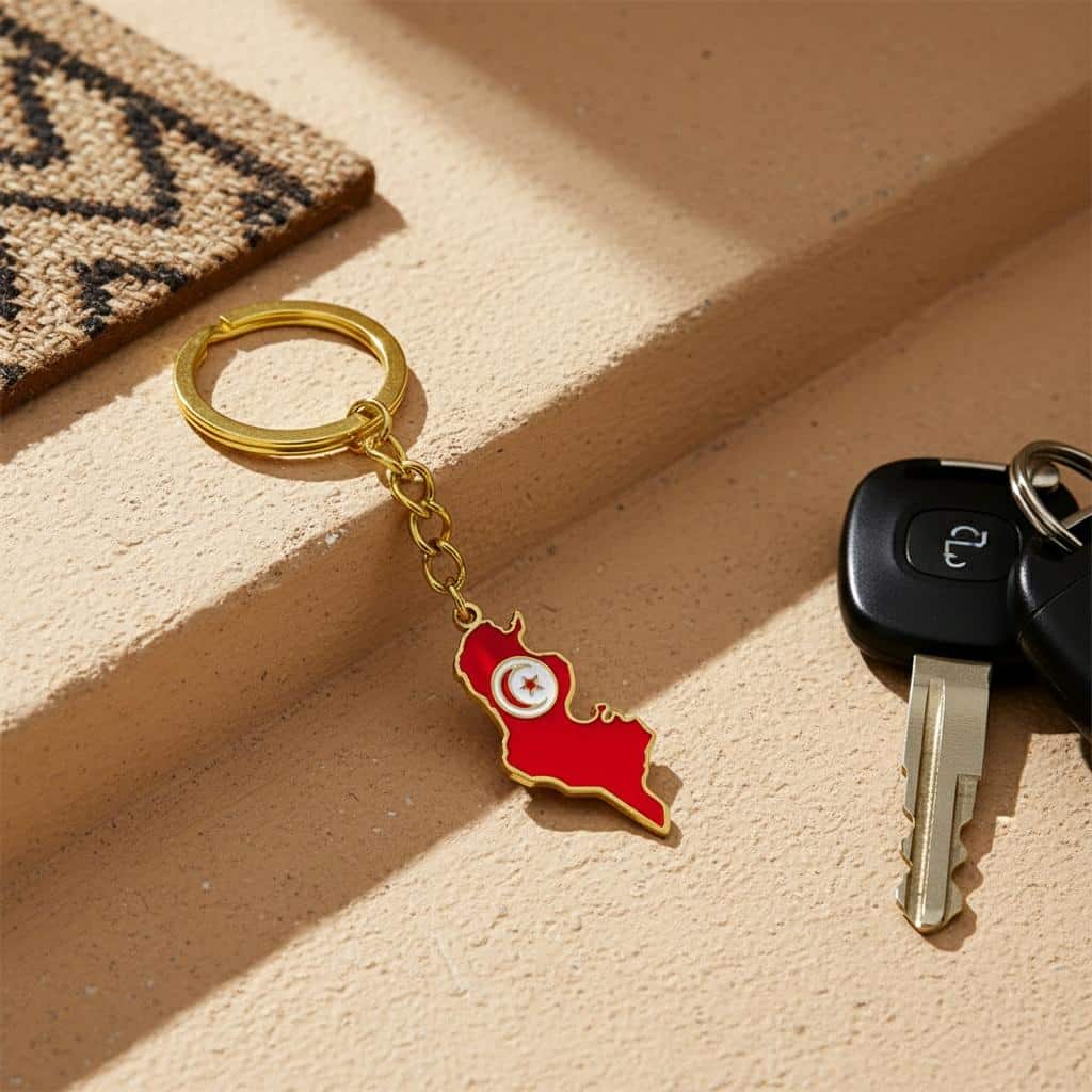Porte clés Tunisie en métal émaillé rouge