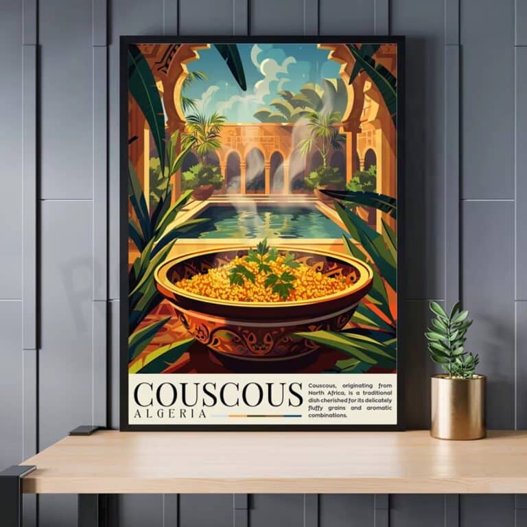 Poster illustre paysage oriental avec plat de couscous