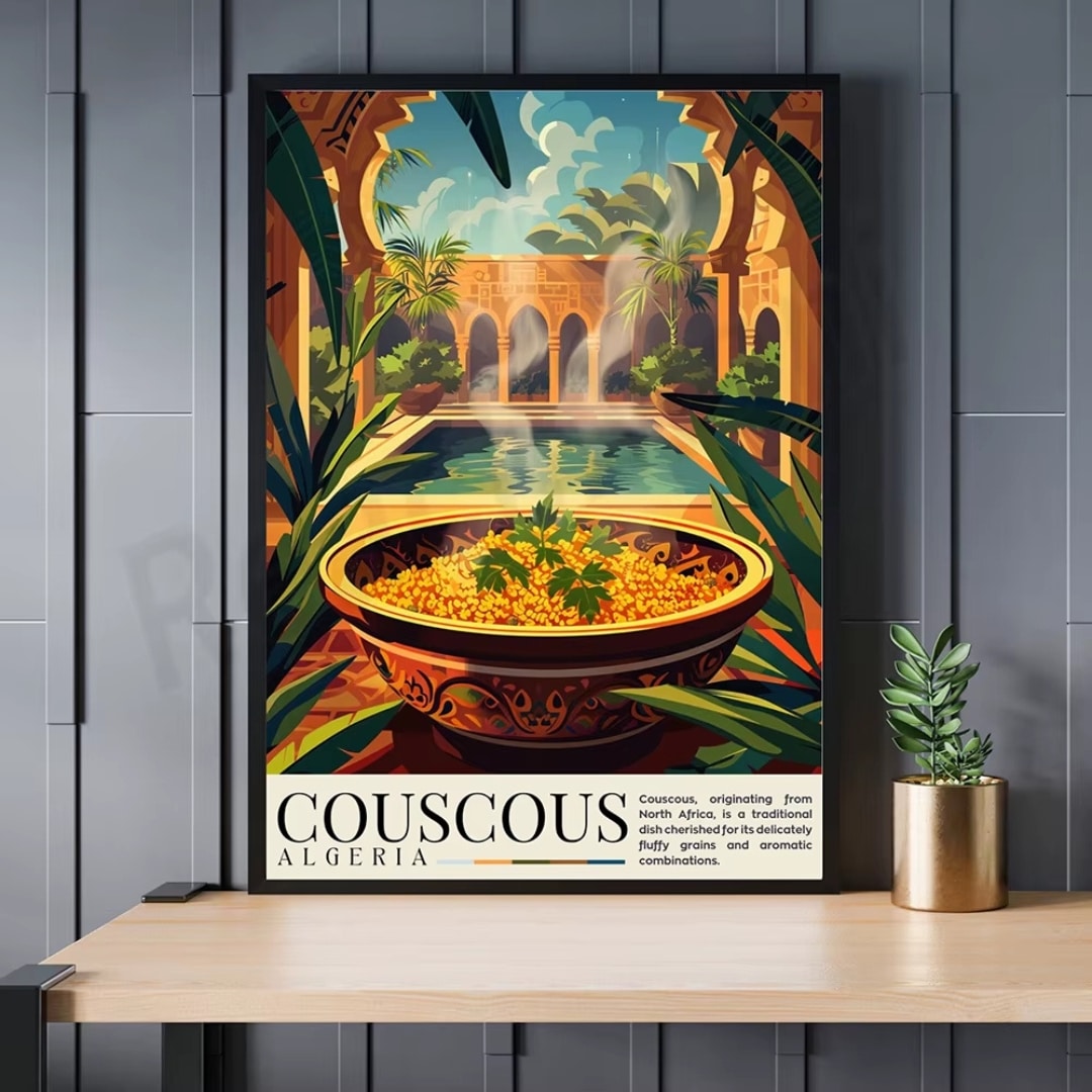 Poster illustre paysage oriental avec plat de couscous