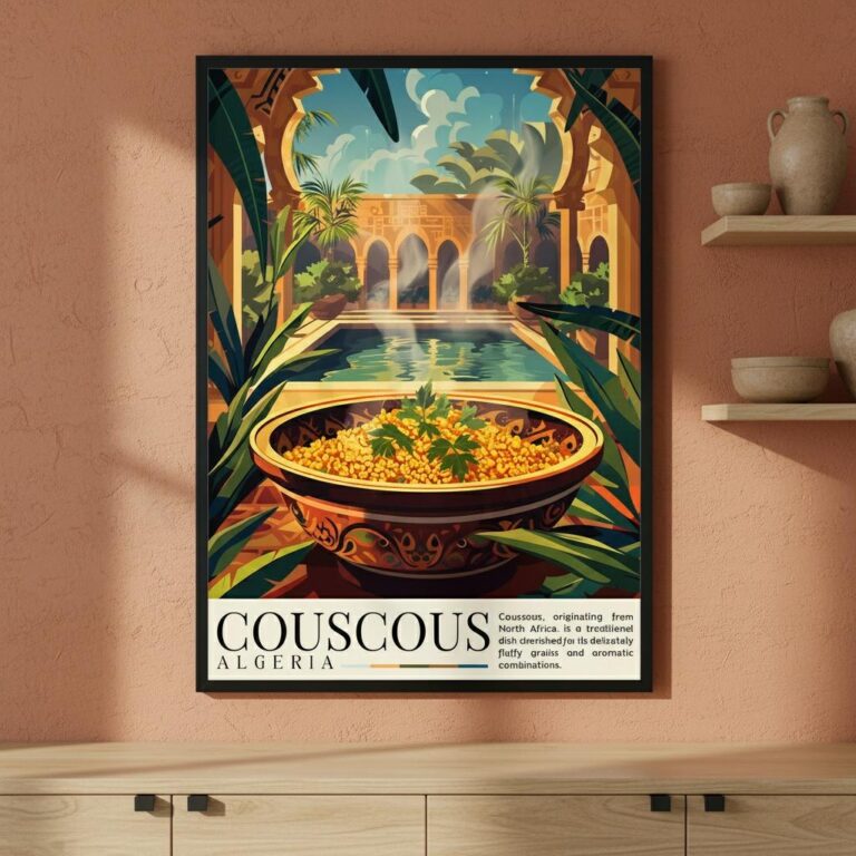 Poster illustry paysage oriental avec plat de couscous