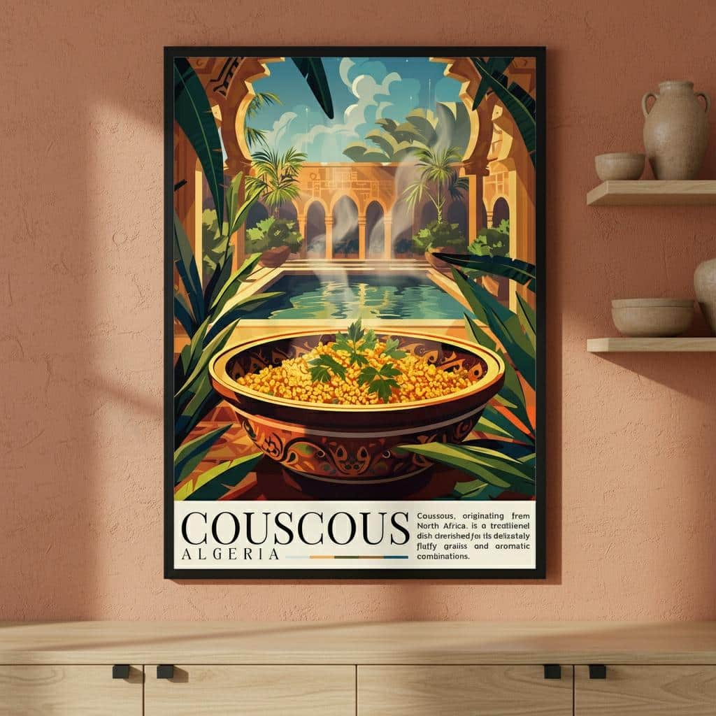 Poster Illustré Paysage Oriental avec Plat de Couscous