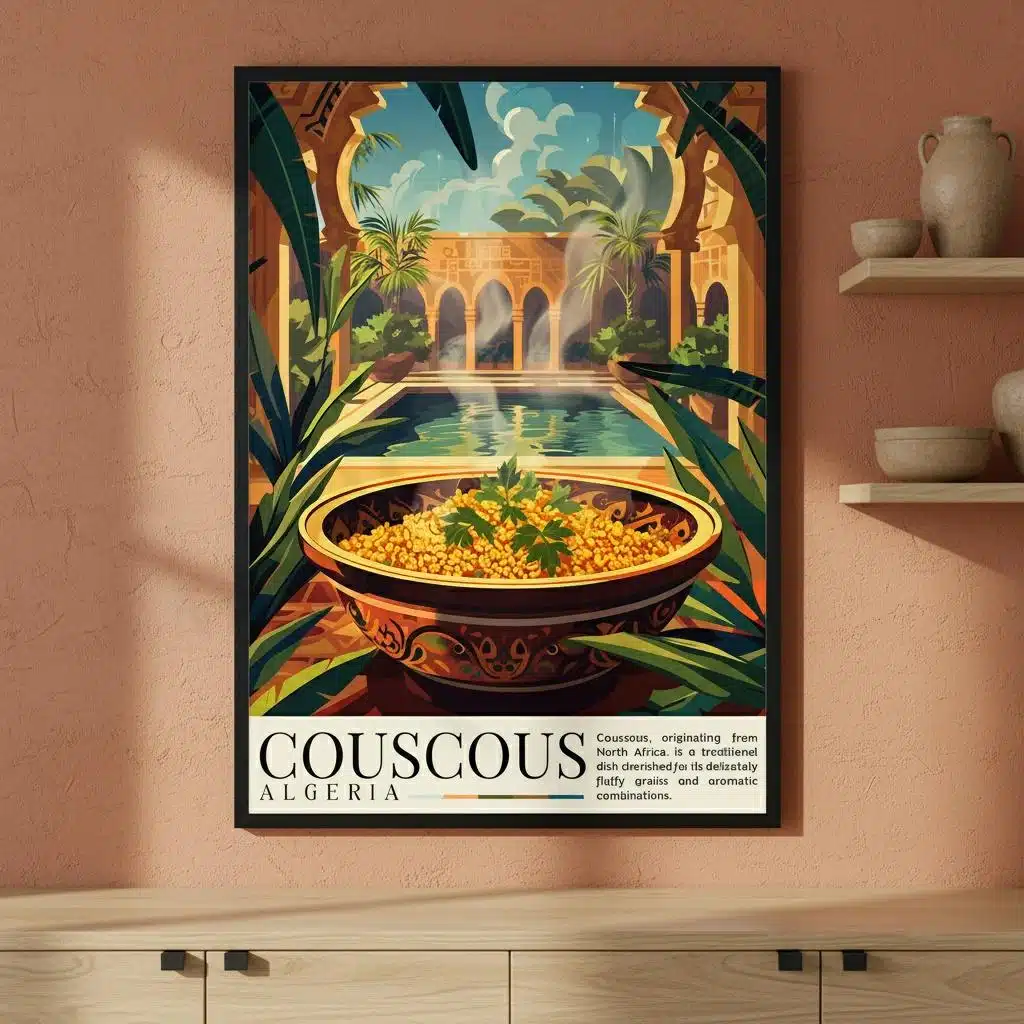 Poster illustré paysage oriental avec plat de couscous